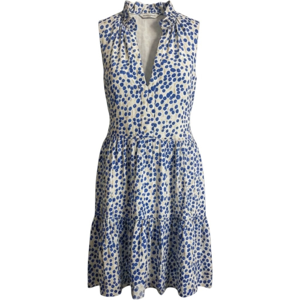 Amanda Uprichard Blue Polka Dot Gold Tiered Mini Dress Small Sleeveless Ruffle‎